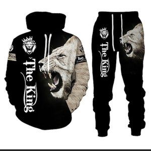 Mens White Lion Leo Graphic Track Suit Hoodie Set "The King"